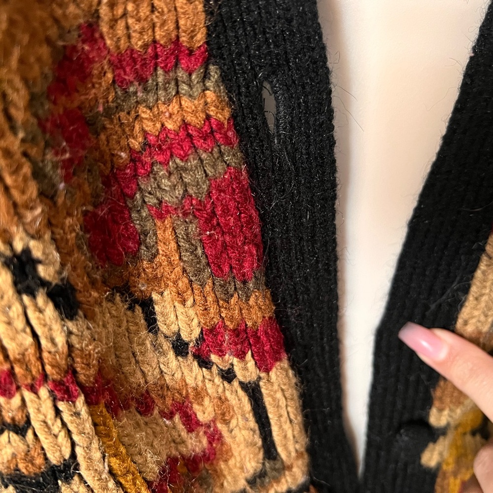 Vintage GP Collections Black Cardigan with Vibrant Yellow and Red Pattern - Picture 3 of 4